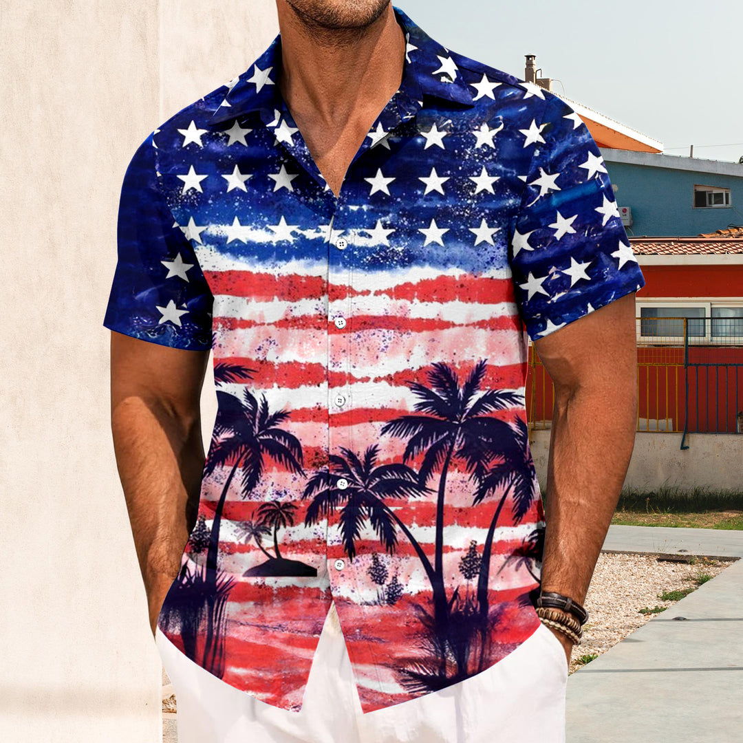 Mens Patriotic Button Down Shirts American Flag Short Sleeve Casual Button Up Hawaiian Shirts for Vacation polite