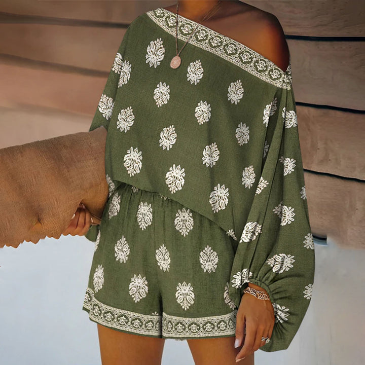 Boho Rompers for Women Off The Shoulder Casual Boho Jumpsuit Loose Lantern Sleeve Rompers for Vacation Beach ingenious