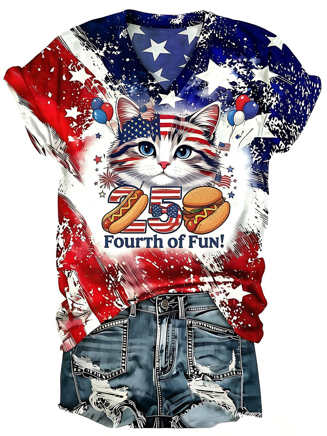 Fun Independence Day 250th Anniversary USA Tie-Dye Cats Hot Dogs Burgers Women's Short Sleeve V Neck T-Shirt