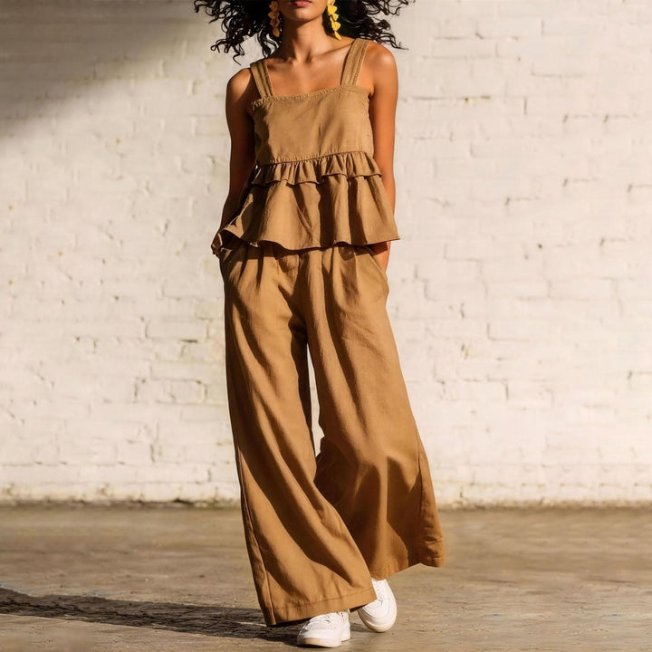 2 Piece Summer Sets for Women Ruffle Casual Summer Sleeveless Peplum Top and Wide Leg Pants Sets for Leisure workable