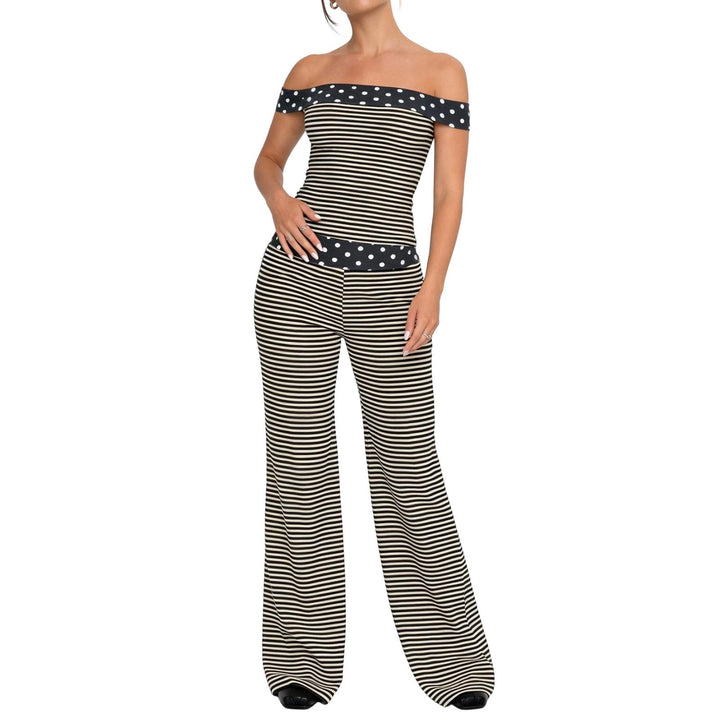 Summer Outfits for Women 2 Piece Set Striped Dot Summer Off Shoulder Tee Shirts Wide Leg Pants Set for Travel richly