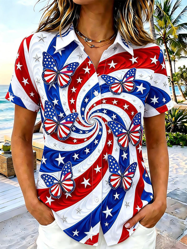 American Flag Swirl Butterflies Independence Day Women's Short Sleeve Shirts