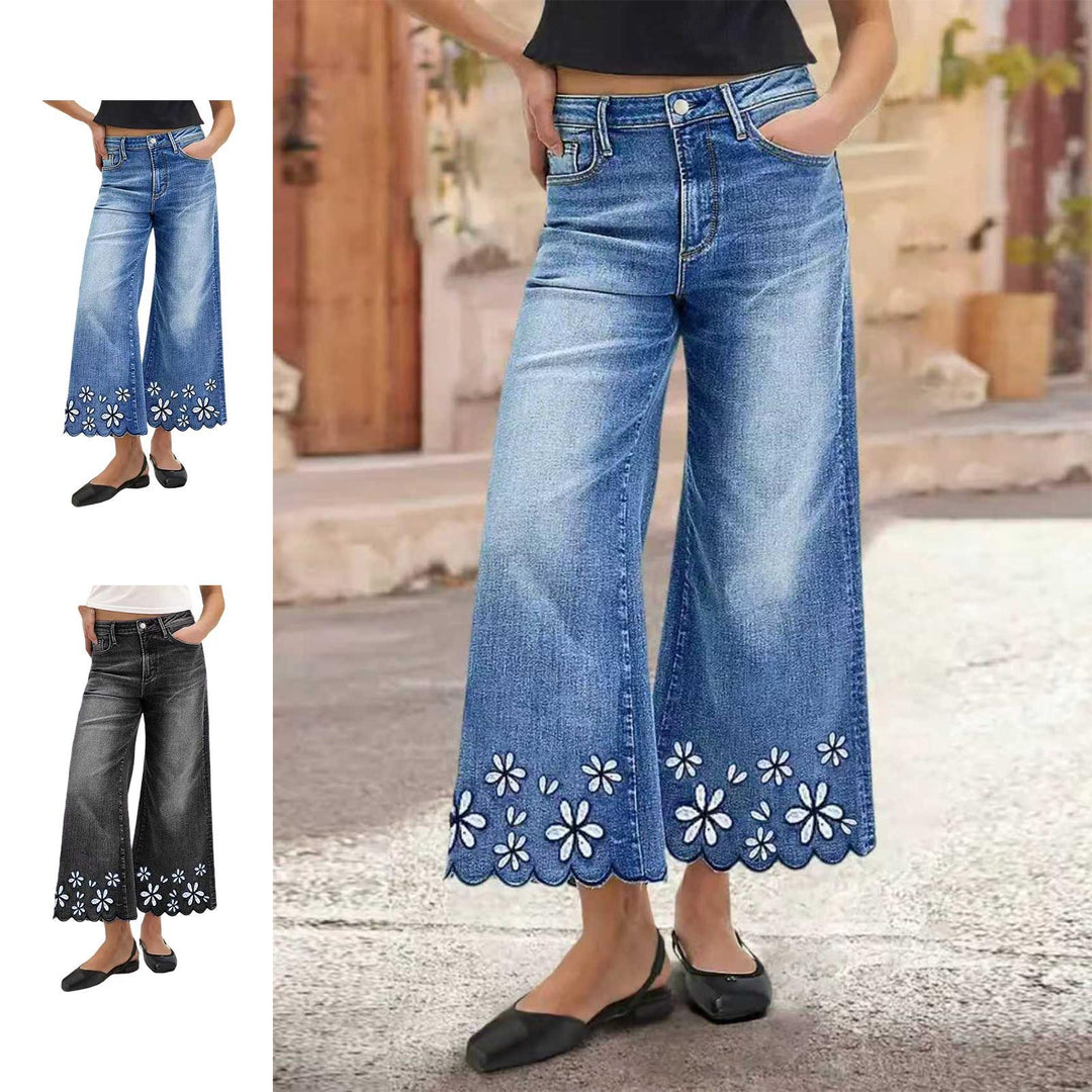 Cropped Wide Leg Jeans Floral Embroidery Boho Wide Leg Jeans Middle Waisted Cropped Denim Pants for Travel excellently