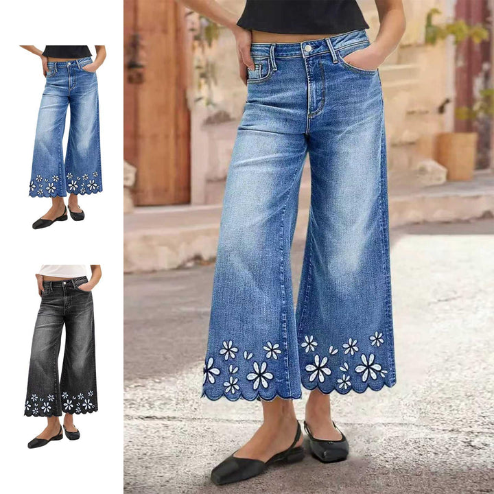 Cropped Wide Leg Jeans Floral Embroidery Boho Wide Leg Jeans Middle Waisted Cropped Denim Pants for Travel excellently