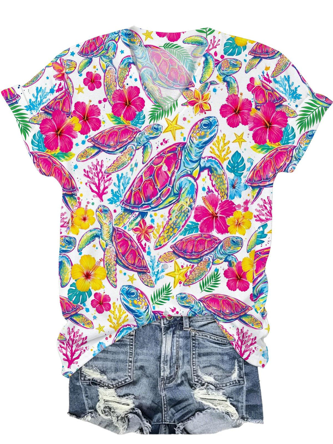 Sea Turtle Flower Print Women's Short Sleeve V Neck T-Shirt