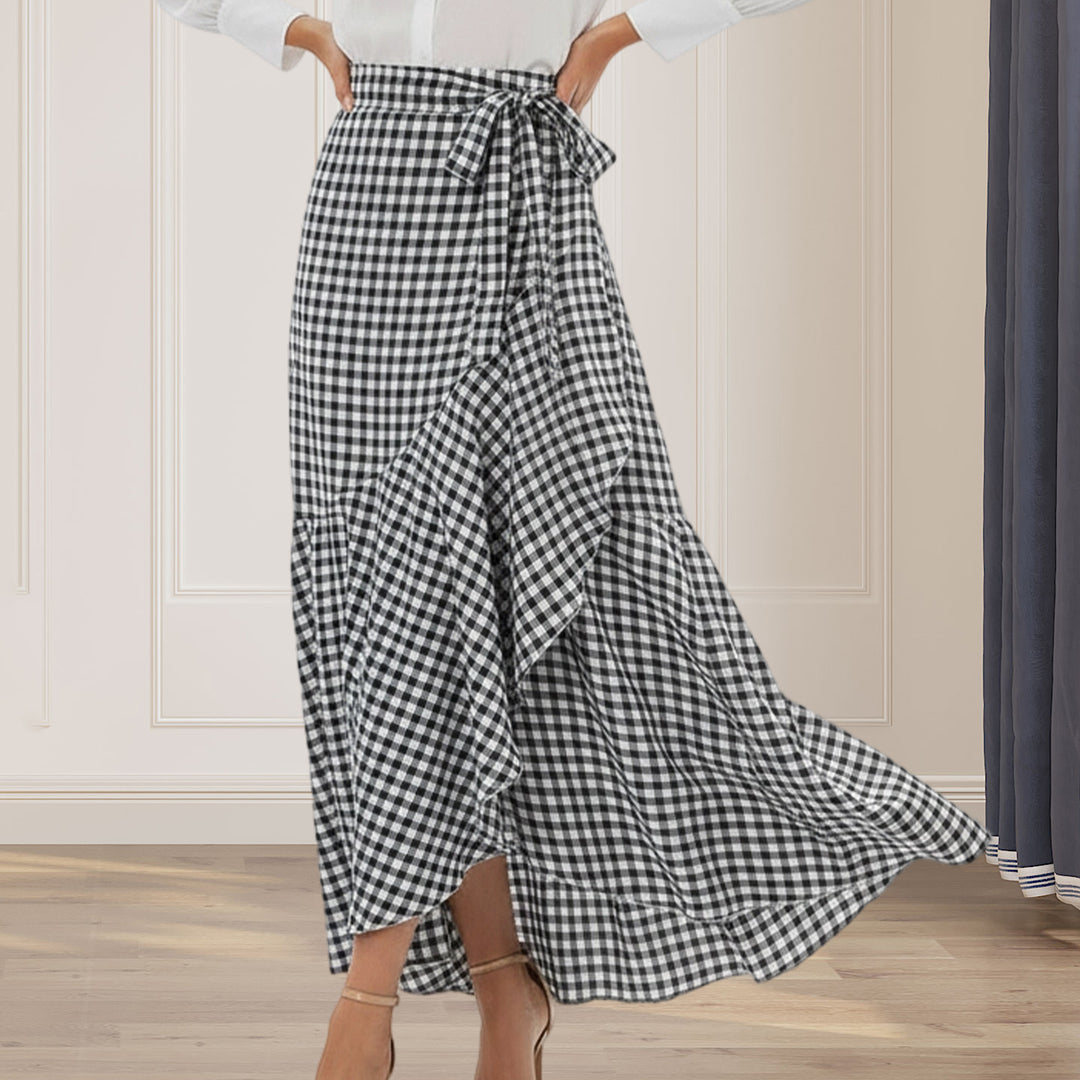 Long Plaid Skirt Mermaid A Line Women High Waist Flowy Ruffle High Low Skirts Waist Tie Clothes Daily Wear capable