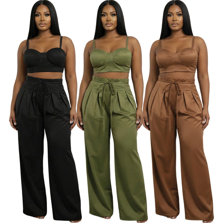 Women's 2 Piece Sets Sleeveless Crop Bustier Tops Wide Leg Casual Trousers with Drawstring for Streetwear premium