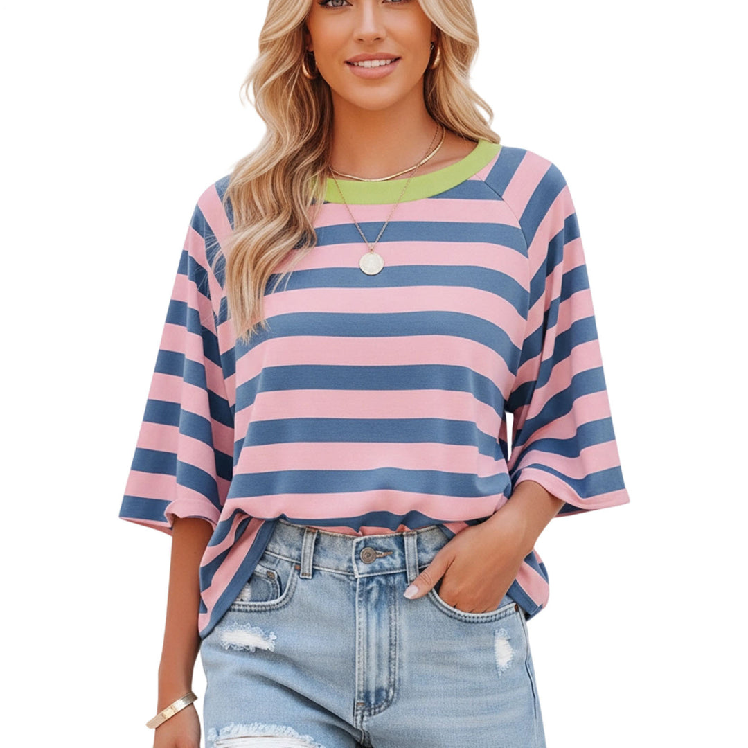Striped Shirt Women Crew Neck Fashion Casual T Shirts Loose Fit Basic Tops for Travel Going Out Commuting approving