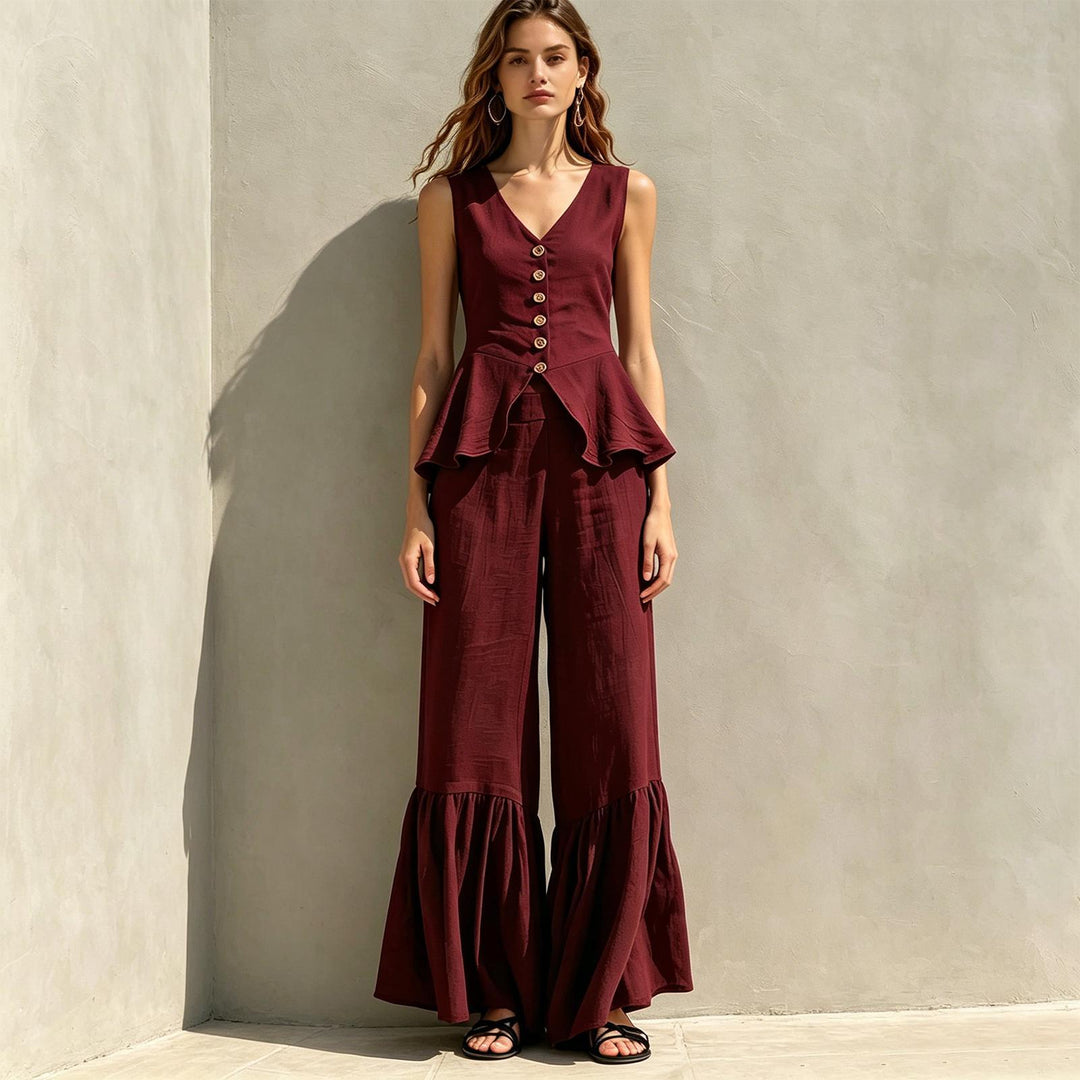 Women Two Piece Outfits Sets V Neck Sleeveless Peplum Top and Ruffle Flare Leg Pants Set for Dating Travel astonishing