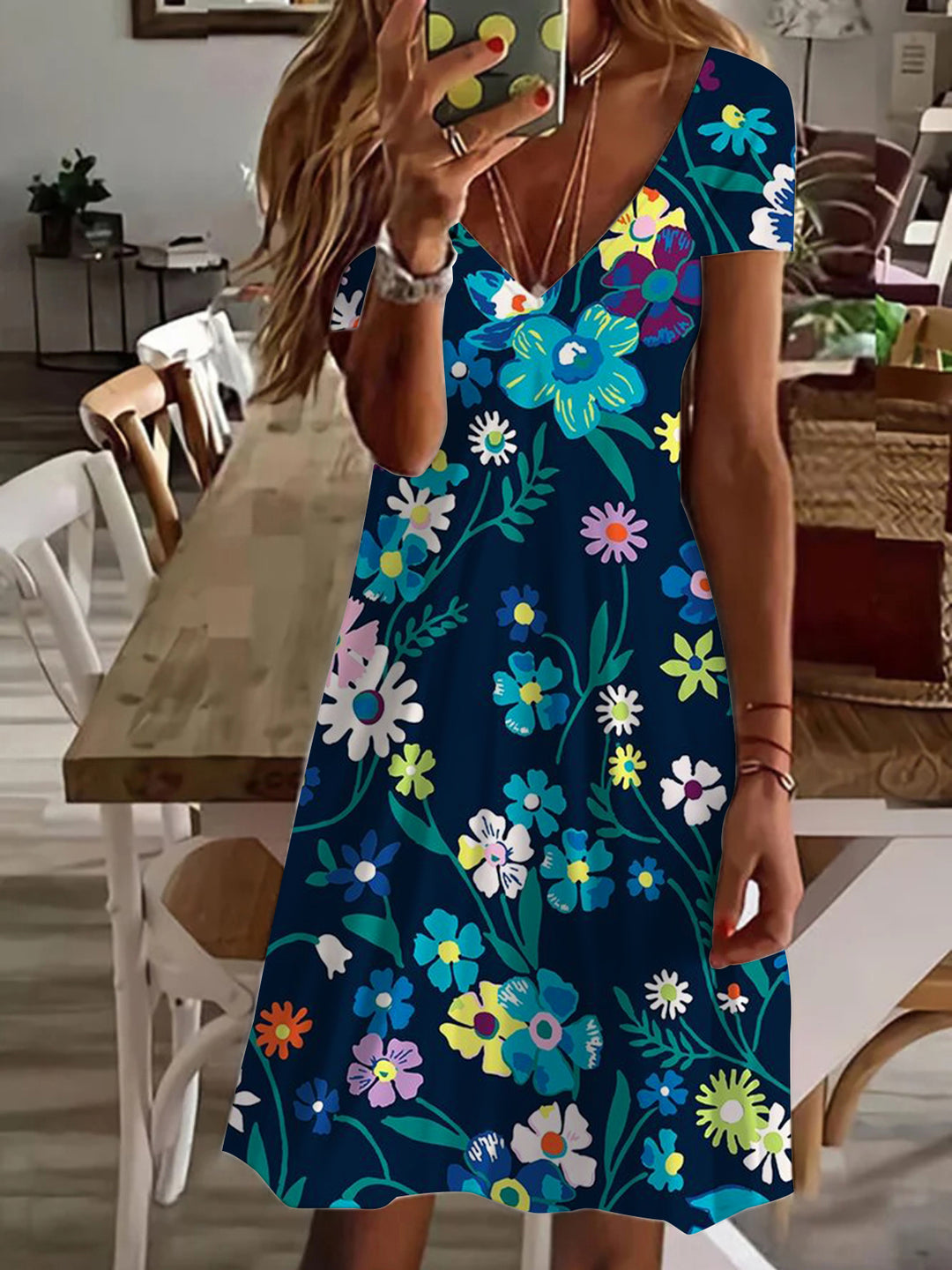 Green Wild Flower Print V Neck Short Sleeve Dress