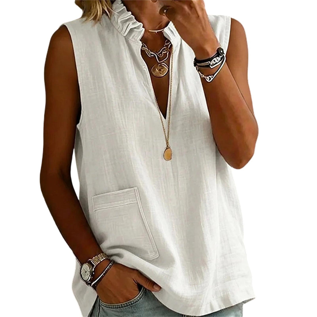Linen Tank Tops for Women V Neck Ruffled Collar Sleeveless Shirt Summer Casual Tunic Tops for Daily Dating ordinary