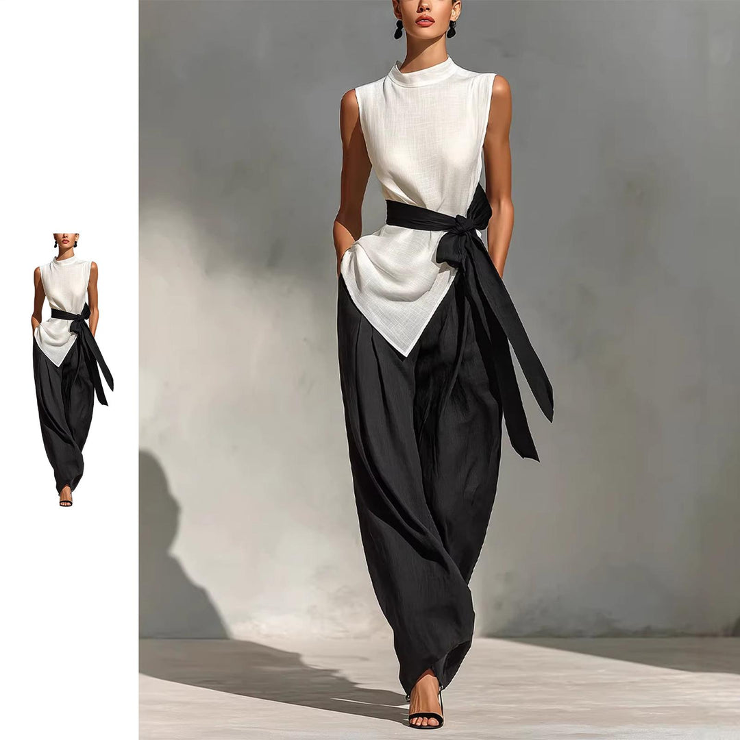 Summer Sets Women 2 Piece Outfits Mock Neck Tie Waist Asymmetrical Tank Top and Wide Leg Pants Set for Dating excitement