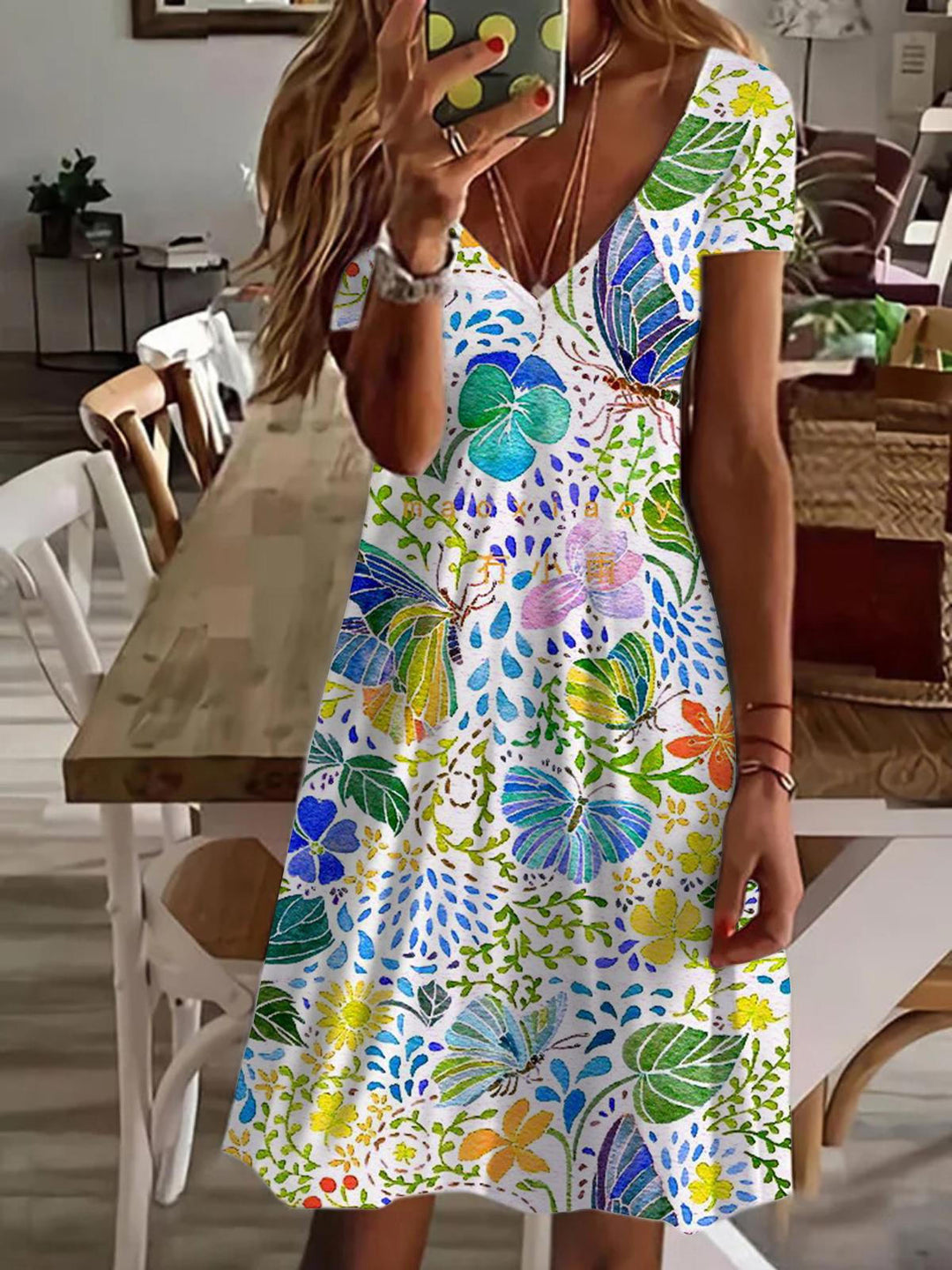 Watercolor Mint Butterflies Print V Neck Short Sleeve Dress