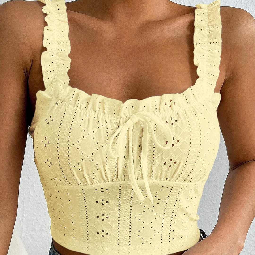 Eyelet Tank Tops for Women Ruffle Ruched Sleeveless Square Neck Tie Front Bust Crop Camisole Tops for Travel excellent