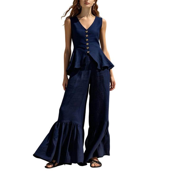 Women Two Piece Outfits Sets V Neck Sleeveless Peplum Top and Ruffle Flare Leg Pants Set for Dating Travel astonishing