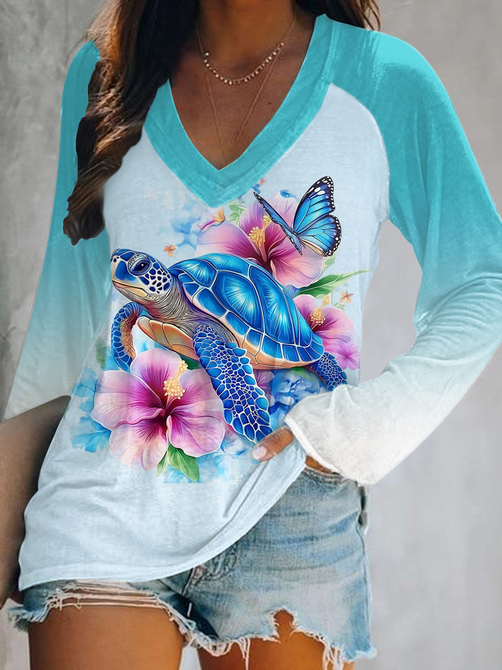 Traveling Turtle Print V-Neck Long Sleeve Top