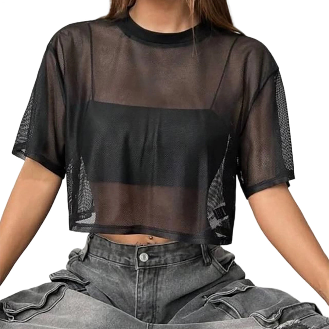 Sheer Mesh Short Sleeve Tops for Women Crewneck Loose Fit See Through Sexy Tee Shirts Crop Tops Daily Wear decent
