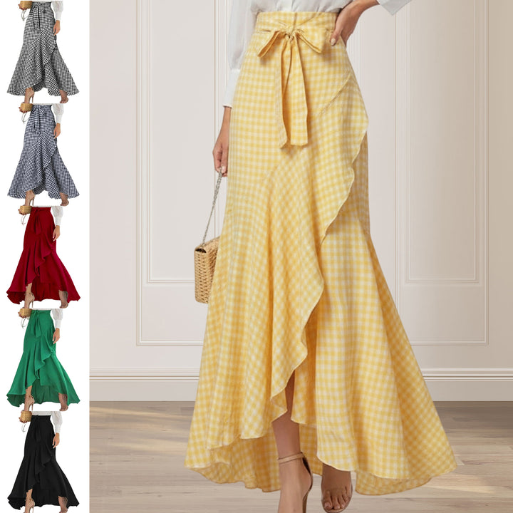 Long Plaid Skirt Mermaid A Line Women High Waist Flowy Ruffle High Low Skirts Waist Tie Clothes Daily Wear capable