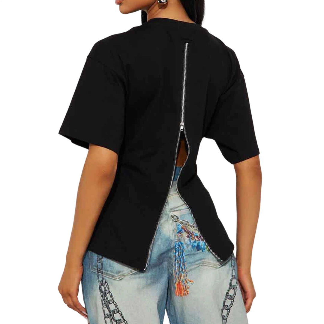 Zipper Back Shirt for Women Back Zipper Crewneck Short Sleeve Cinched Waist Top for Daily Wear Vacation method