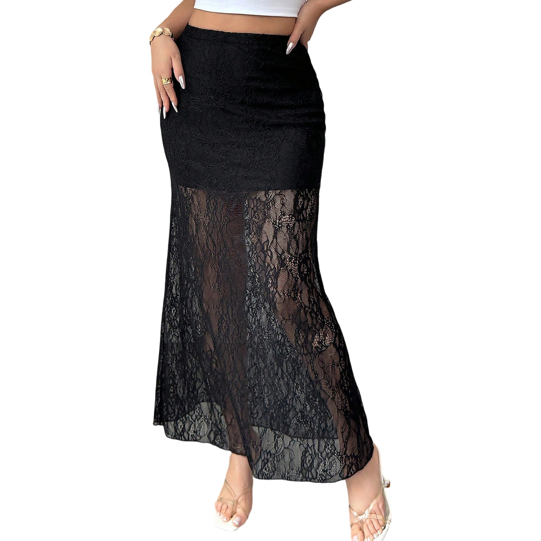 Long Lace Skirt High Waist Women See Through Sheer Mesh Sexy Bodycon Maxi Skirt for Club Party Night Out calm