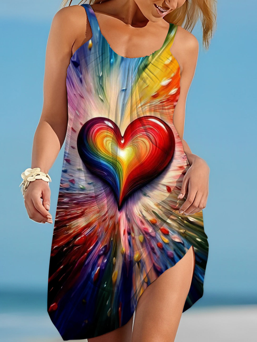 Rainbow Hearts Print Casual Beach Dress