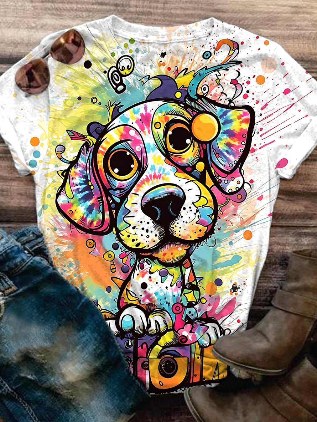 Tie Dye Dog Women's Short Sleeve Crew Neck T-shirt