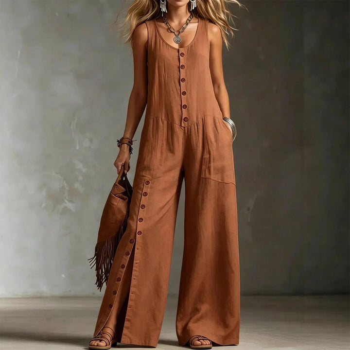 Button Down Jumpsuit for Women Button Up Wide Legs Pants Fashion Sleeveless Overall with Pockets for Beach beautiful