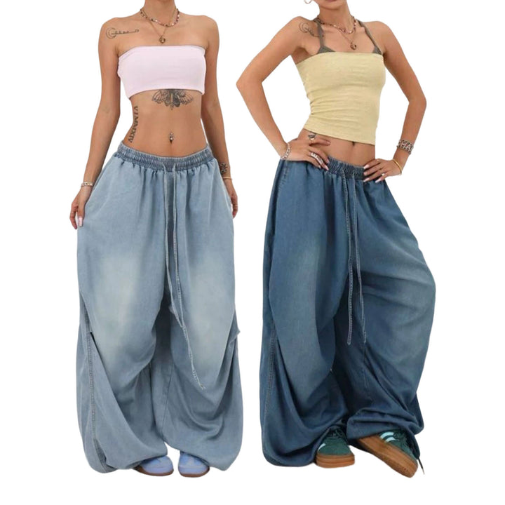 Womens Elastic Waist Jeans Low Rise Vintage Baggy Barrel Jeans Streetwear Loose Fit Denim Pants for Travel candid