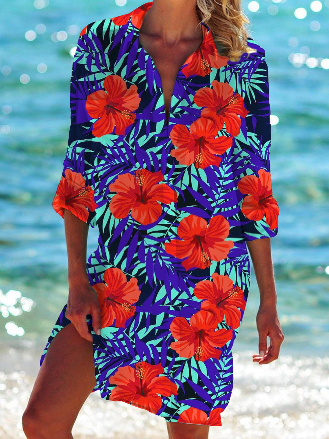 Hibiscus Tropical Flowers And Leaves Long Sleeve Beach Shirt Dress