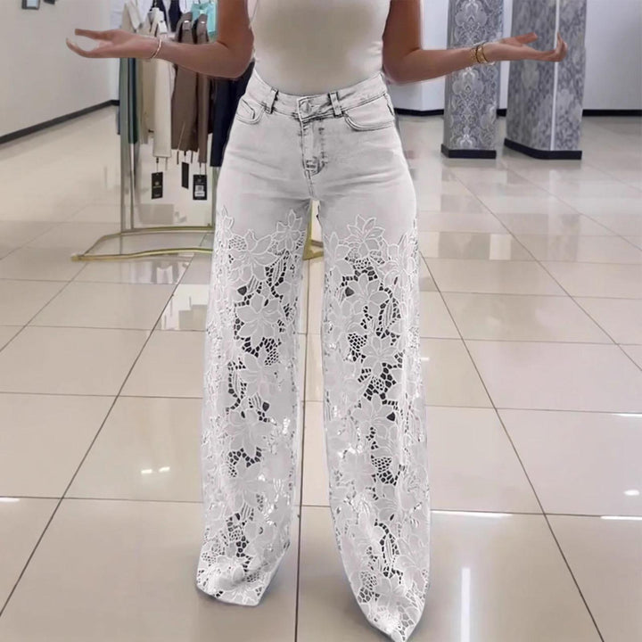 Lace Jeans for Women Hollow Lace Spliced High Waisted Fashion Jeans Loose Fit Denim Pants for Daily Wear exceptional