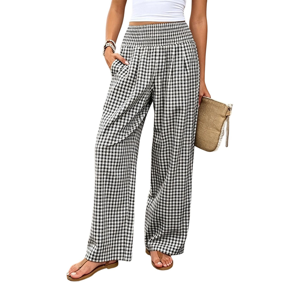 Women Gingham Pants Smocked Waist Plaid Pajama Lounge Pants Wide Leg Trousers with Pocket for Daily Wear gently