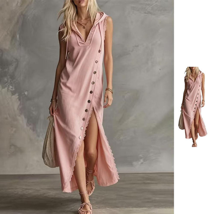 V Neck Maxi Dress for Women High Slit Lace Trim Casual Loose Summer Sleeveless Long Hoodie Dress for Travel honest