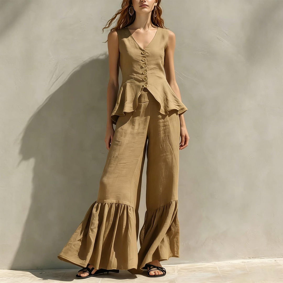 Women Two Piece Outfits Sets V Neck Sleeveless Peplum Top and Ruffle Flare Leg Pants Set for Dating Travel astonishing