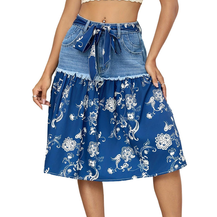 Denim Midi Skirt Boho Floral Women's A Line Belted High Waisted Midi Skirts for Vacation Daily Wear Dating decent