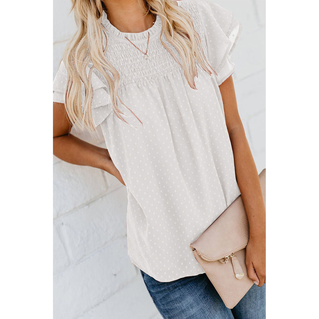 Womens Ruffle Short Sleeve Blouse Dot Smocked Crewneck Summer Flowy Chiffon Shirts Pullover Tops for Travel expedient