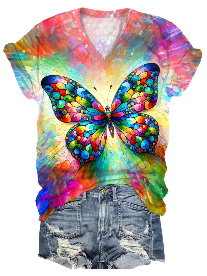 Abstract Stained Glass Butterfly V-neck T-Shirt
