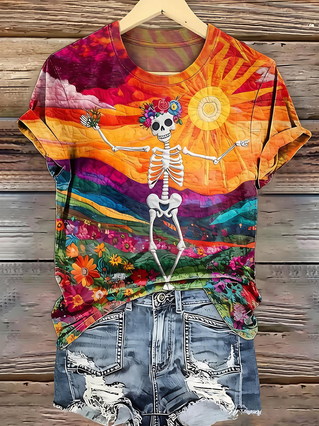 Bohemian Skull Flower Sun Women's Short Sleeve Crew Neck T-shirt