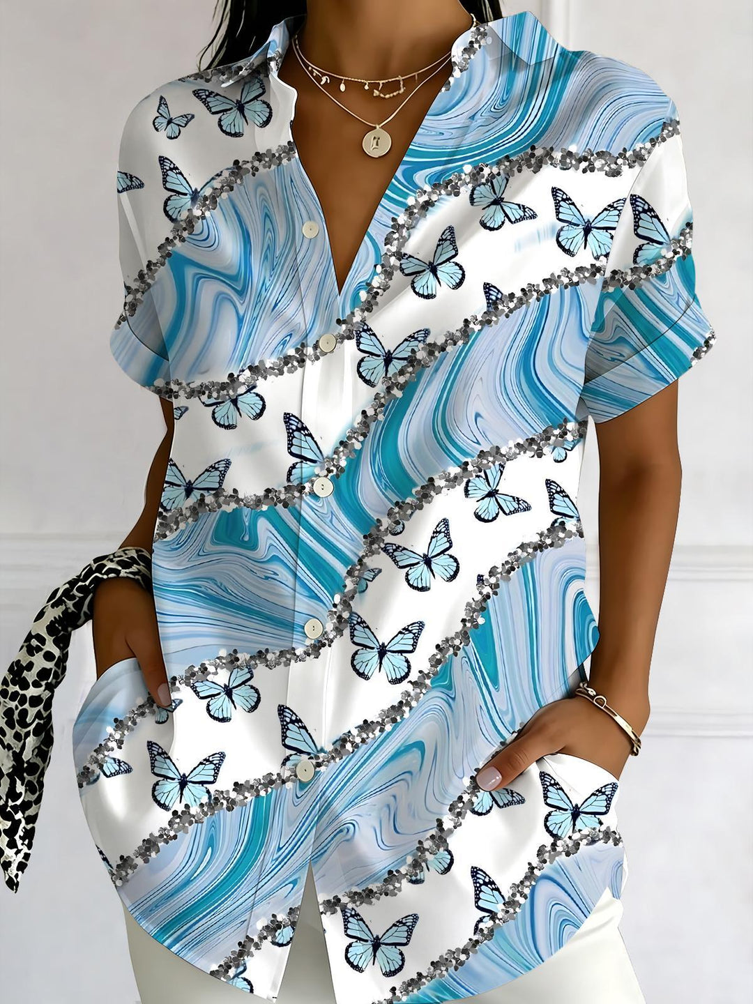 Butterfly Print Women's Short Sleeve Shirts