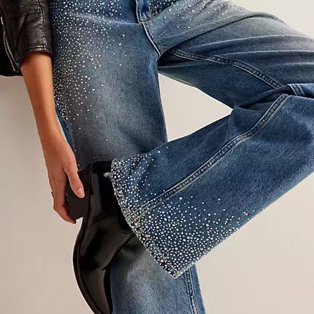 Rhinestone Jeans for Women Straight Leg Casual Palazzo Pants Loose Fit Mid Rise Trousers for Travel Dating enhanced