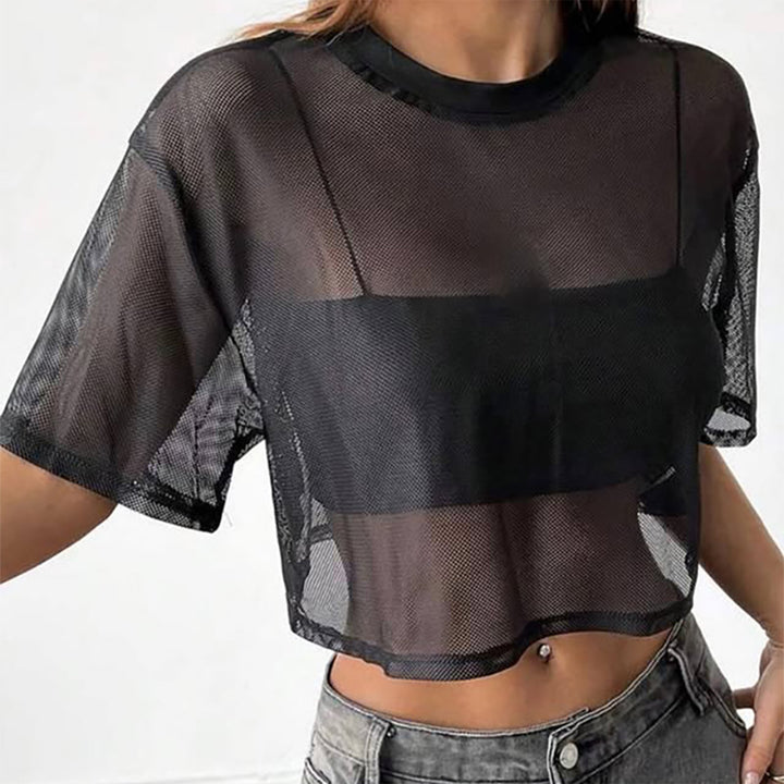 Sheer Mesh Short Sleeve Tops for Women Crewneck Loose Fit See Through Sexy Tee Shirts Crop Tops Daily Wear decent