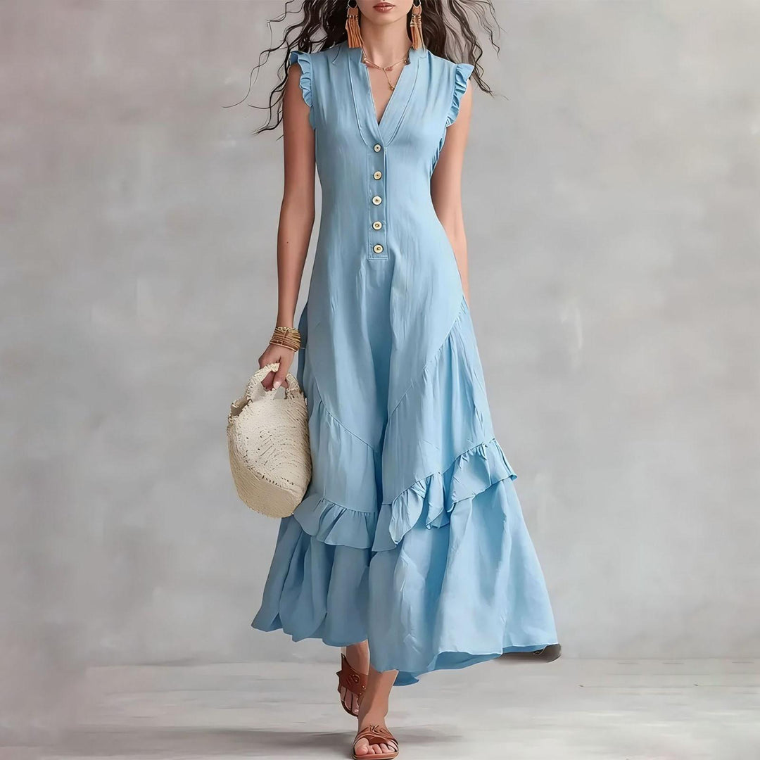 Ruffle Dress Long V Neck Button Flowy Cap Sleeve Summer Maxi Dresses Casual Beach Clothes for Beach Vacation serviceable