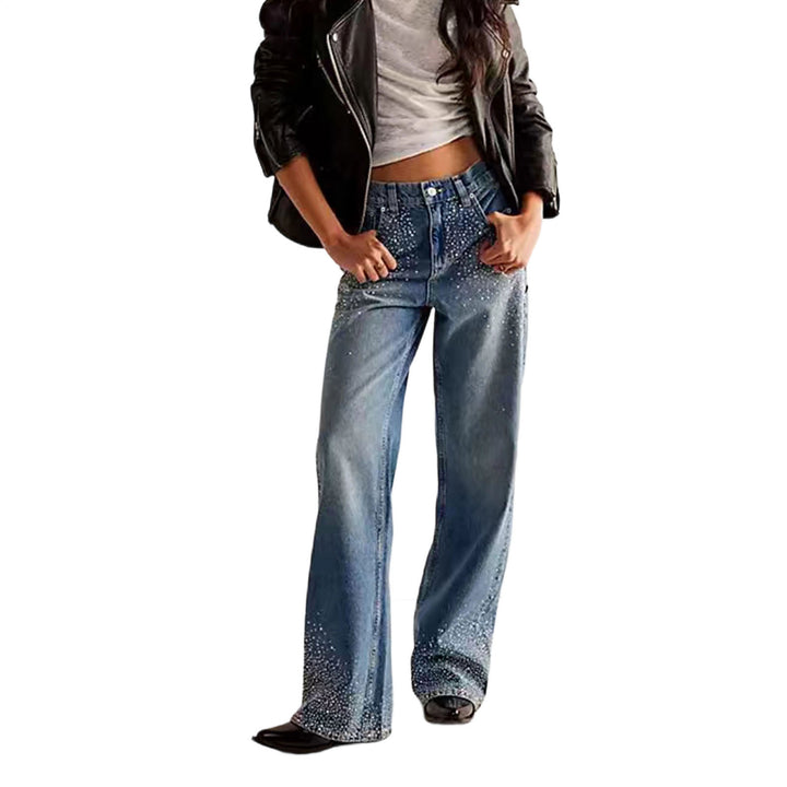 Rhinestone Jeans for Women Straight Leg Casual Palazzo Pants Loose Fit Mid Rise Trousers for Travel Dating enhanced