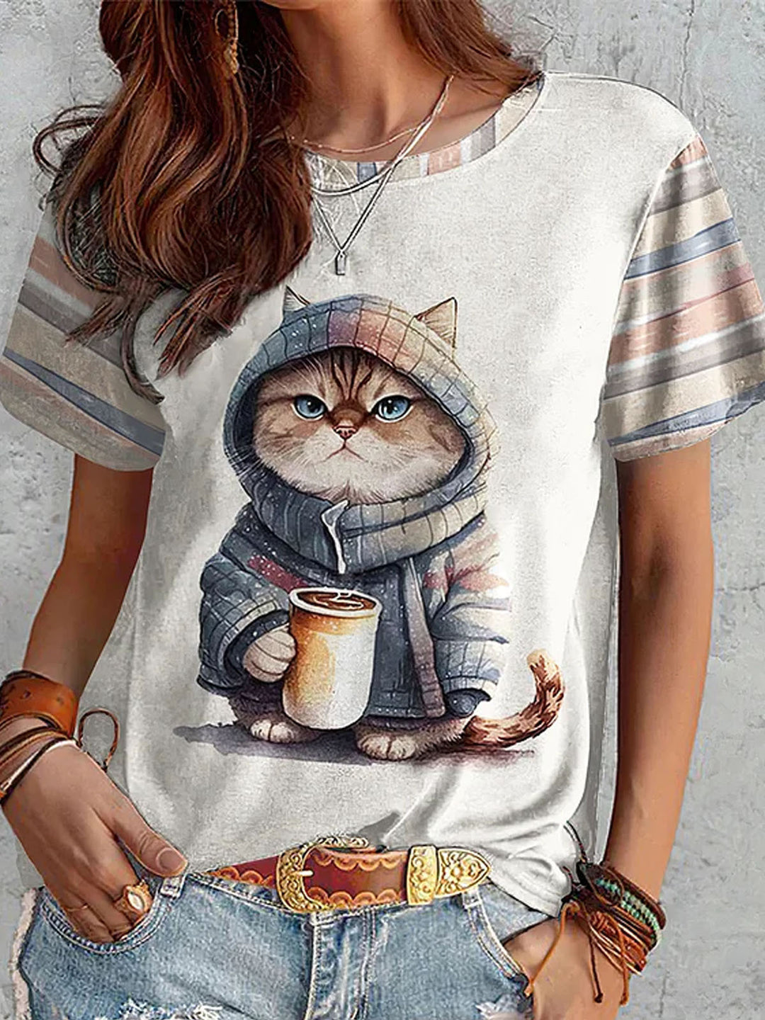 Cat Print Round Neck Striped Patchwork Short-Sleeved T-Shirt