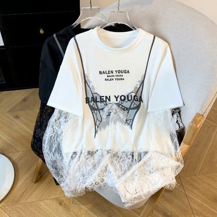 Lace Tshirt for Women Lace Splicing Long Sleeve Shirts Blouse Crew Neck Casual Layered Tee for Vacation Party superb
