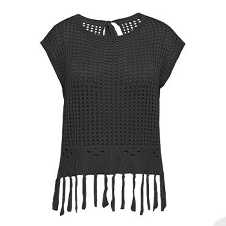 Crochet Tops for Women Tassel Hollow Out Summer Knit Top Crewneck Short Sleeve Pullover Cover Up for Travel usefulness