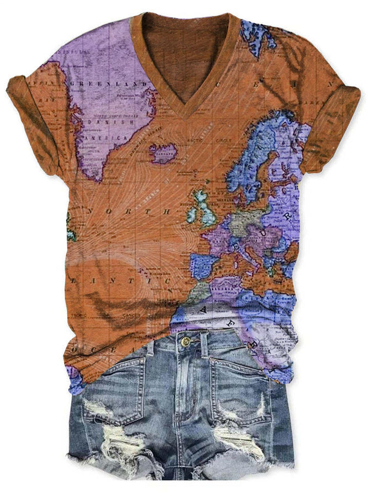 Map V-Neck Short Sleeve T-Shirt