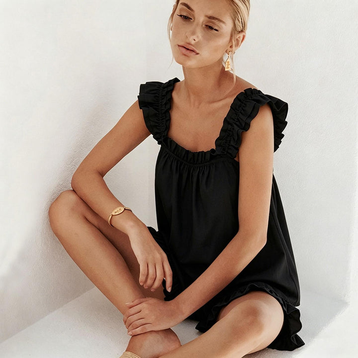 Shorts and Tank Pajama Set Ruffle Square Neck Sexy Sleeveless Loungewear Sleepwear Pj Set for Travel Home right