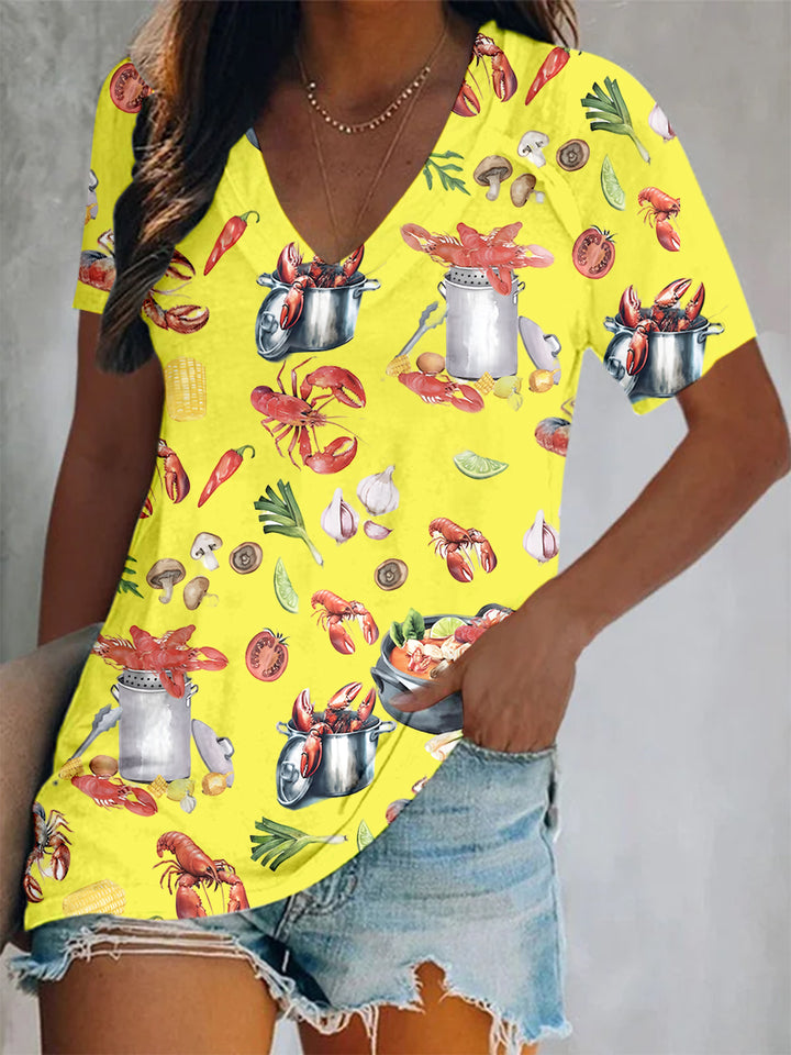 Fun Crawfish Boil Party Print Short Sleeve V Neck Print Top