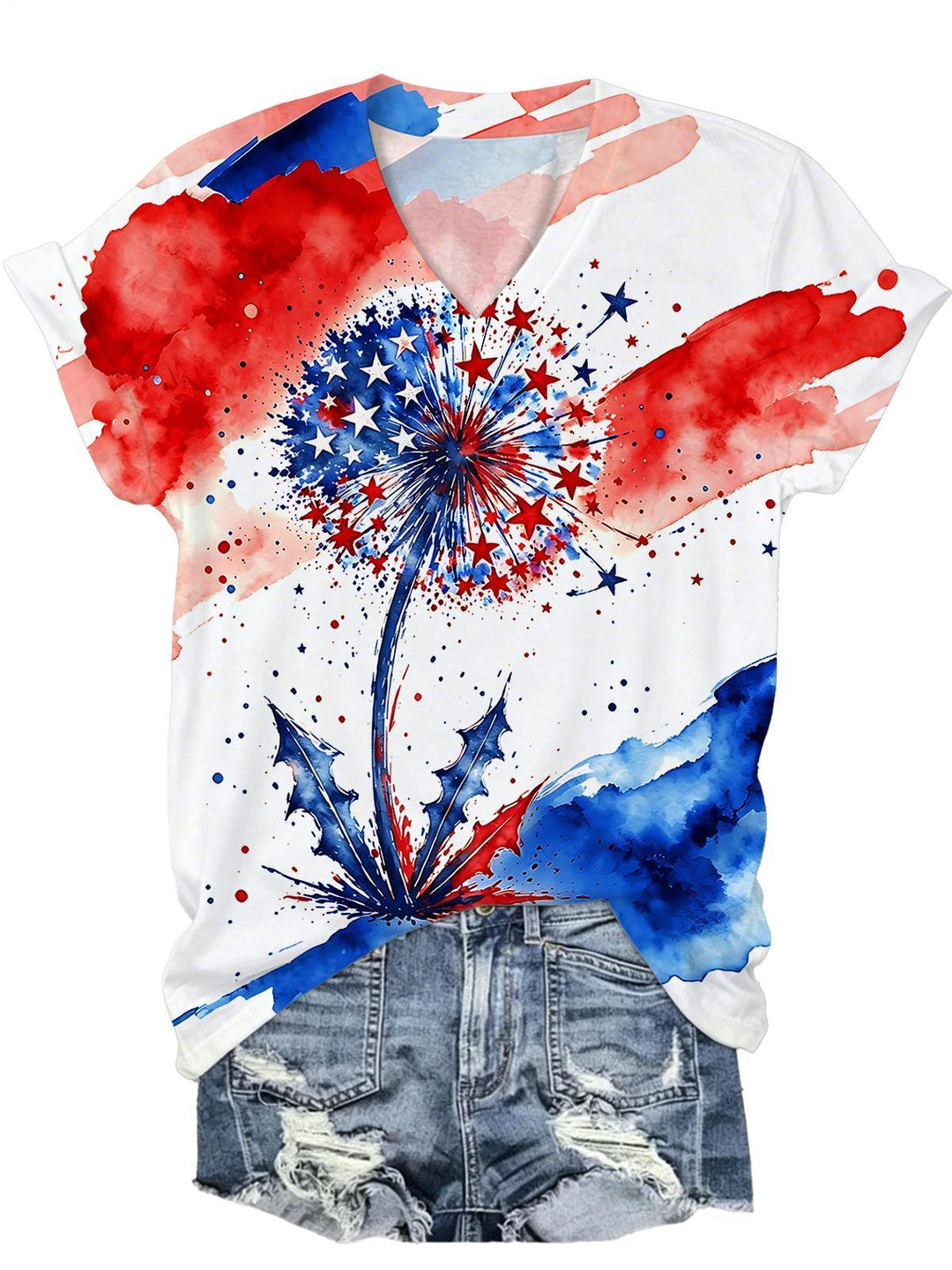 Tie Dye Dandelion Women's Short Sleeve V Neck T-Shirt