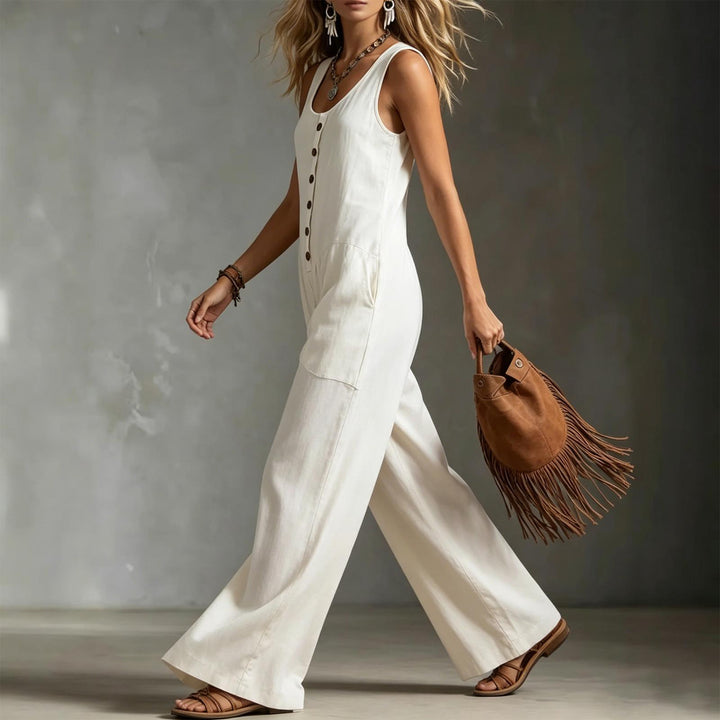 Button Down Jumpsuit for Women Button Up Wide Legs Pants Fashion Sleeveless Overall with Pockets for Beach beautiful